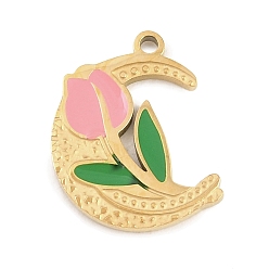 Луна 304 нержавеющей стальной эмали подвески, золотые, луна с цветочными чарами, 15.5x12x1.5 мм, отверстие : 1.2 мм
