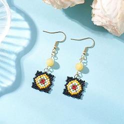 Другие Джасперы Серьги-подвески ручной работы из стеклянных бусин с узором «окно-решетка», с другими яшмовыми бусинами, золотые, 51.5x16.5 мм