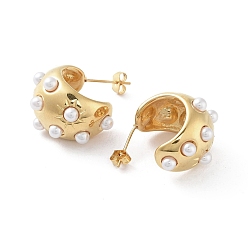 Golden Vacuum Plating 304 Stainless Steel Stud Earrings, Half Hoop Earrings with Plastic Pearl with Cubic Zirconia, Golden, 23.5x15mm