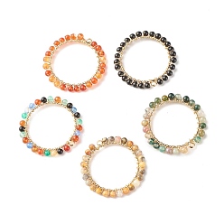 Mixed Stone Dyed Natural Gemstone Pendants, with Brass & Copper Findings, Round, Golden, Mixed Color, 31.5x3mm, Hole: 1.8mm