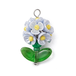 Светлый Стально-синий Подвески-цветы из стеклянных бус, с фурнитурой из смолы и латуни, светло-стальной синий, 25x14x13 мм, отверстие : 3x2.5 мм