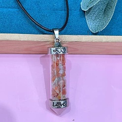 Red Agate Ожерелье из цинкового сплава со стеклянной шестиугольной бутылкой, внутри которой находится подвеска из натурального красного агата, на шнурке из черной искусственной кожи., платина, 19.69 дюйм (50 см)