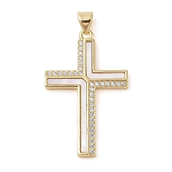 Cross Латунные микро проложить кубического циркония подвески, без кадмия и без свинца, с подвесками из ракушек, Дева Мария, реальный 18 k позолоченный, крестик, 34x21.5x2.5 мм, отверстие : 3.5x4 мм