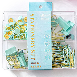 Pale Turquoise Plastic & Metal Push Pins & Paper Clips & Clips Assorted Kit, for Photos Wall, Maps, Bulletin Board, Pale Turquoise, 100x125x30mm, 215pcs/box