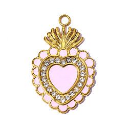 Настоящее золото 18K 304 Подвески из нержавеющей стали с розовой эмалью, ионное покрытие (ip), чары священного сердца, ручная полировка, реальный 18 k позолоченный, 32x20 мм, отверстие : 2.2 мм