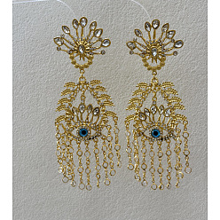 Golden Alloy Rhinestone Chandelier Earrings for Women, Resin Stud Earrings, Tassel Earrings, Evil Eye, Golden, 100mm