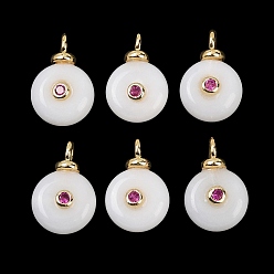 Белый Натурального белого нефрита подвески, плоские круглые подвески с латунной микрофиброй и фианитами, долговечный, стойки покрытие, реальный 18 k позолоченный, без кадмия и без свинца, белые, 15.5x10x5.5 мм, отверстие : 2 мм