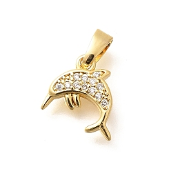 Настоящее золото 18K Латунные микропаве прозрачные кубические циркониевые подвески, прелести дельфинов, стойки покрытие, долговечный, без свинца и без кадмия, реальный 18 k позолоченный, 12x9.5x2.5 мм, отверстие : 4.5x2 мм