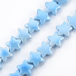 Светло-Голубой Фарфора ручной работы шарик нити, жемчужные, звезда, Небесно-голубой, 14x15x7 мм, отверстие : 2 мм, около 24~27 шт / нитка, 10.63 дюйм ~ 12.6 дюйм (27~32 см)