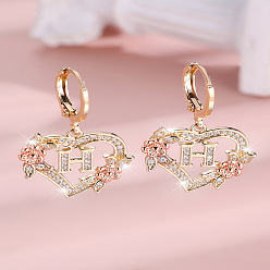 Letter H Серьги-кольца из латуни с микропаве и прозрачным кубическим цирконием в форме сердца, золотые, Письмо ч, 34x20 мм
