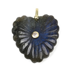 Лабрадорита Резные подвески из натурального лабрадорита, подвески в форме сердца с латунной микрофиброй и фианитами, золотые, 32x30x11.5 мм, отверстие : 6x5.5 мм