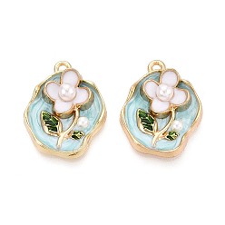Светло-голубой Подвески из эмали и сплава, с ABS имитации жемчуга, овальные с цветком, стойки покрытие, долговечный, без свинца, без кадмии и без никеля, золотые, светло-голубой, 23.5x19.5x7 мм, отверстие : 1.8 мм