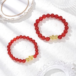 Красный Агат Браслеты из натурального сердолика для пары, Pi Xiu, с бусинами сплава, внутренний диаметр: 2-1/8~2-3/8 дюйм (5.5~6 см), 2 шт / комплект