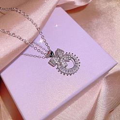 Платина Кольцо-бантик из сплава с прозрачным кубическим цирконием, подвеска-ожерелье для женщин, платина, 15.75 дюйм (40 см)