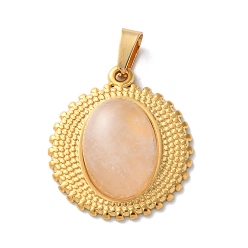 Розовый Кварц Природного розового кварца подвески, 304 из нержавеющей стали плоские круглые прелести, ионное покрытие (ip), золотые, 23x20x5~5.5 мм, отверстие : 4.5x3 мм