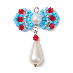 Темно-Голубой Стеклянные бусины ручной работы, Ткацкий станок, с акриловыми шариками, бантом кулон, глубокое синее небо, 33x26.5x7.5 мм, отверстие : 2 мм