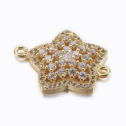 Real 18K Gold Plated Brass Micro Pave Cubic Zirconia Links, Star, Real 18K Gold Plated, 22x17.5x4mm, Hole: 1mm