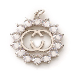 Platinum Brass Micro Pave Cubic Zirconia Pendants, with Jump Rings, Flower, Clear, Platinum, 21x19x3mm, Jump Ring: 4x0.7mm, Hole: 2mm