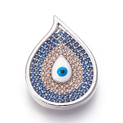 Платина Латунные микро проложить кубического циркония подвески, эмалью сглаза, слеза, красочный, платина, 22.5x16x3.5 мм, отверстие : 1.5~2 мм