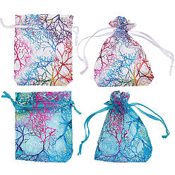 (52) Непрозрачная лаванда 100 шт. 2 цвета горячее тиснение органза подарочные пакеты, шнурок сумки, прямоугольник с красочным коралловым узором, разноцветные, 9x7 см, 50 шт / цвет