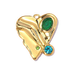 Зеленый Текстурированные 304 подвески из нержавеющей стали с инкрустацией кубическим цирконием, шарма сердца, реальный 18 k позолоченный, ионное покрытие (ip), долговечный, зелёные, 25x22 мм, отверстие: 2 мм