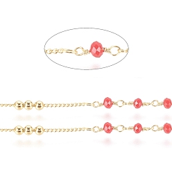 Red Brass Handmade Beaded Chain, Curb Chains, with Faceted Glass Bead, Long-Lasting Plated, Real 18K Gold Plated, Unwelded, with Spool, Red, 10x3mm, 45x2.8mm, about 32.8 Feet(10m)/roll