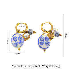 Blue 304 Stainless Steel Hoop Earrings, Hand Printed Porcelain & Plastic Pearl Dangle Earrings, Oval with Flower, Golden, Blue, 47mm