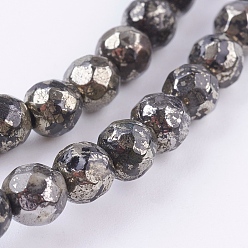 Pyrite Natural Pyrite Beads Strands, Round, Faceted, 6mm, Hole: 1mm, about 62pcs/strand, 16 inch