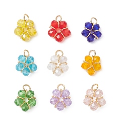 (52) Непрозрачная лаванда 9 брелоки из гальванического стекла, цветок, с открытыми пружинными кольцами из нержавеющей стали 304, реальный 18 k позолоченный, граненые, разноцветные, 10x10.5x4 мм, отверстие : 2.5 мм
