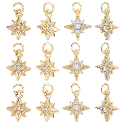 Настоящее золото 18K 12 шт 2 стили латунные подвески из микропаве с фианитом, звезды прелести, с прыжковых колец, реальный 18 k позолоченный, 14x11~12x2.5~4 мм, 6 шт / стиль