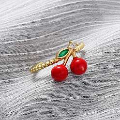 Настоящее золото 18K Латунные микропаве кубические цирконии регулируемые открытые манжеты кольца для женщин, вишня, с эмалью, стойки покрытие, прочное покрытие, без кадмия и без свинца, реальный 18 k позолоченный, 12x11.5x13 мм, внутренний диаметр: 17.2 мм