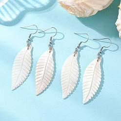 Белый Болтаться серьги оболочки естественно, лист, с фурнитурой для сережек из нержавеющей стали, платина, белые, 69x17 мм