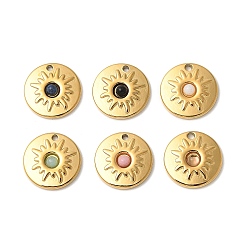 Настоящее золото 18K Плоские круглые подвески из натурального смешанного камня, с 304 установками из нержавеющей стали, ионное покрытие (ip), реальный 18 k позолоченный, 15x3.2 мм, отверстие : 1.5 мм