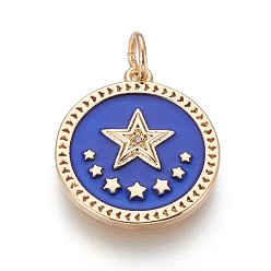 Золотой Латунные подвески эмали пентакль, с кубического циркония, плоские круглые со звездой, синие, золотые, 18x16x2 мм, отверстие : 3.5 мм