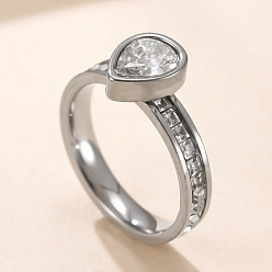 Teardrop 304 Кольца из нержавеющей стали с кристаллами и стразами, цвет нержавеющей стали, слеза, размер США 7 (17.3 мм)