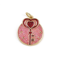 Key Латунные подвески с красной эмалью ко Дню святого Валентина, реальный 18 k позолоченный, стойки покрытие, долговечный, без кадмия и без свинца, с прыжковых колец, ключ, 18x15x2 мм, отверстие : 3 мм