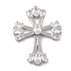 Платина Латунные микропаве прозрачные подвески с фианитом, крестик, стойки покрытие, долговечный, без свинца и без кадмия, платина, 36.5x26.5x4.5 мм, отверстие : 1.2 мм