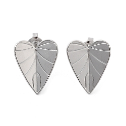Stainless Steel Color Non-Tarnish 304 Stainless Steel Stud Earrings, Heart, Stainless Steel Color, 20x16mm