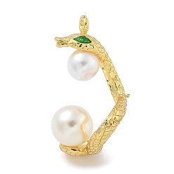 Настоящее золото 18K Стойки обшивки латунные подвески, с пластмассовой жемчужиной abs, долговечный, без свинца и без кадмия, змея, реальный 18 k позолоченный, 24x13x13.5 мм, отверстие : 1.2 мм