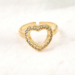 Real 18K Gold Plated 304 Stainless Steel Rhinestone Cuff Open Rings for Women, Heart, Ion Plating(IP), Real 18K Gold Plated, US Size 8 1/2(18.5mm)