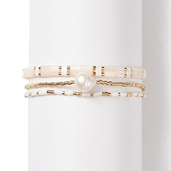 Gold 3Pcs 3 Style Natural Pearl & Glass Seed Beaded Stretch Bracelets Set for Women, Gold, Inner Diameter: 2-1/8~4 inch(5.4~10.1cm), 1Pc/style