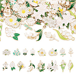 Blanco 32 piezas 16 estilos colgantes de aleación de esmalte, encantos de la flor, dorado, blanco, 19~31.5x11.5~28x1~3 mm, agujero: 1.4~2 mm, 2 piezas / estilo