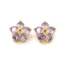 Сливовый Латунные микро кубические циркониевые многожильные звенья, цветок, реальный 18 k позолоченный, слива, 11x12x7 мм, отверстие : 1.6 мм