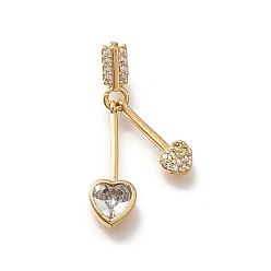 Настоящее золото 18K Латунные микро проложить кубического циркония подвески, без кадмия, без никеля и без свинца, сердце прелести, реальный 18 k позолоченный, 23.5x9x2.5 мм, отверстие : 3x1.5 мм
