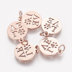 Розовое Золото 304 подвески из нержавеющей стали, плоские круглые со словом "love", розовое золото , 14x12x1 мм, отверстие : 3 мм