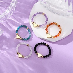 Mixed Color Gemstone Finger Rings, Heart, with Elastic Crystal Thread & Brass Beads & Natural Stone Beads, Mixed Color, Inner Diameter: 20mm