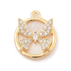 Настоящее золото 18K Латунные микропаве прозрачные подвески с фианитом, без никеля , с оболочкой, плоский круглый с подвесками в виде бабочек, реальный 18 k позолоченный, 16.5x14x4.5 мм, отверстие : 1.4 мм