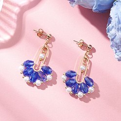 Синий Веерные стеклянные серьги-гвоздики, с 304 фурнитурой для сережек из нержавеющей стали и круглыми бусинами из стеклянного жемчуга, золотые, синие, 40.5x24.5~25.5 мм