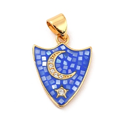 Medium Blue Natural Shell Pendants, with Clear Cubic Zirconia and Golden Brass Findings, Shield with Star and Moon, Medium Blue, 18.5x14x2mm, Hole: 4.5x3.5mm
