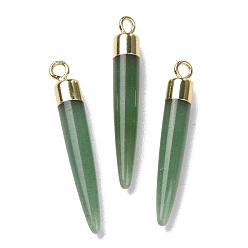 Зеленый Авантюрин Латунные подвески из натурального зеленого авантюрина, без кадмия и без свинца, пулевидный, золотой свет, 33~37x4~5 мм, отверстие : 2 мм